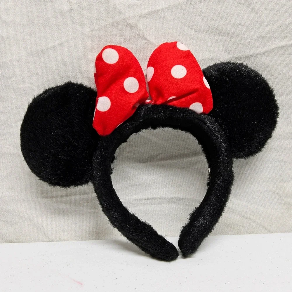 Disney Headband Kids OS Black Minnie Mouse Plush Faux Fur Polka Dot Bow Ears